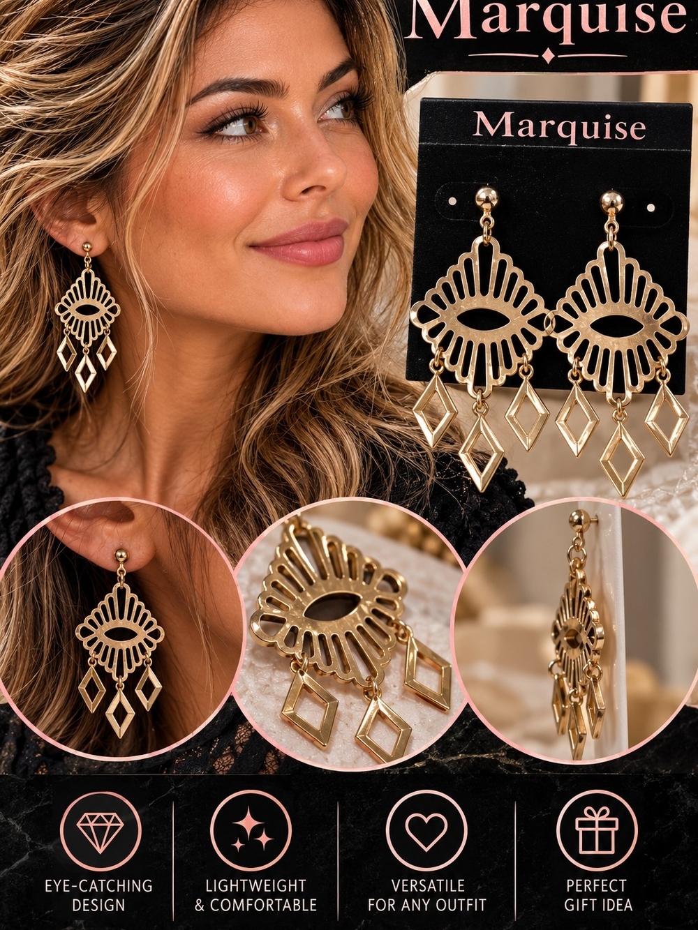 Marquise Gold Openwork Dangle Earrings with Geometric Drops
